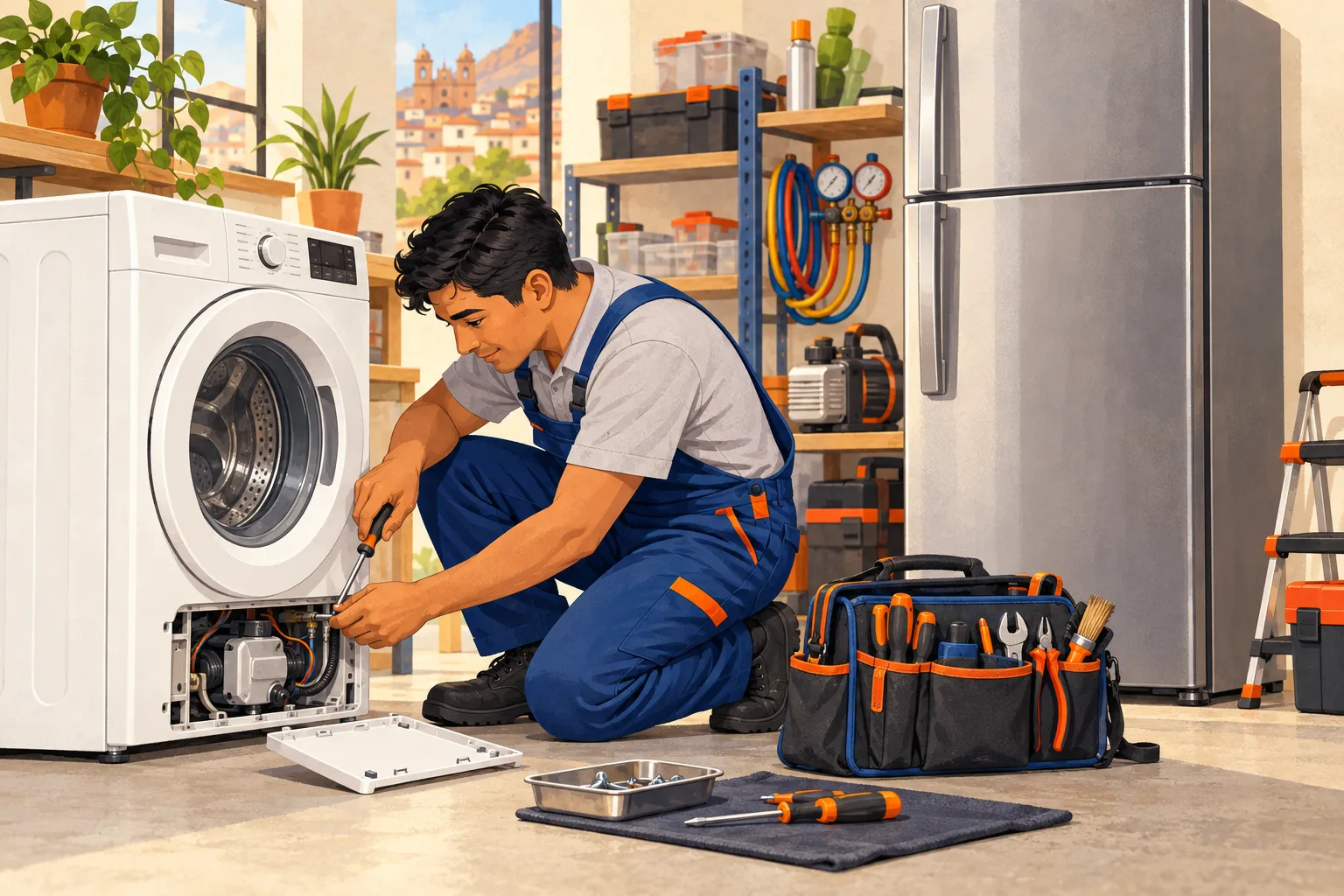 Técnico reparando una lavadora en un taller equipado para atender también refrigeradoras